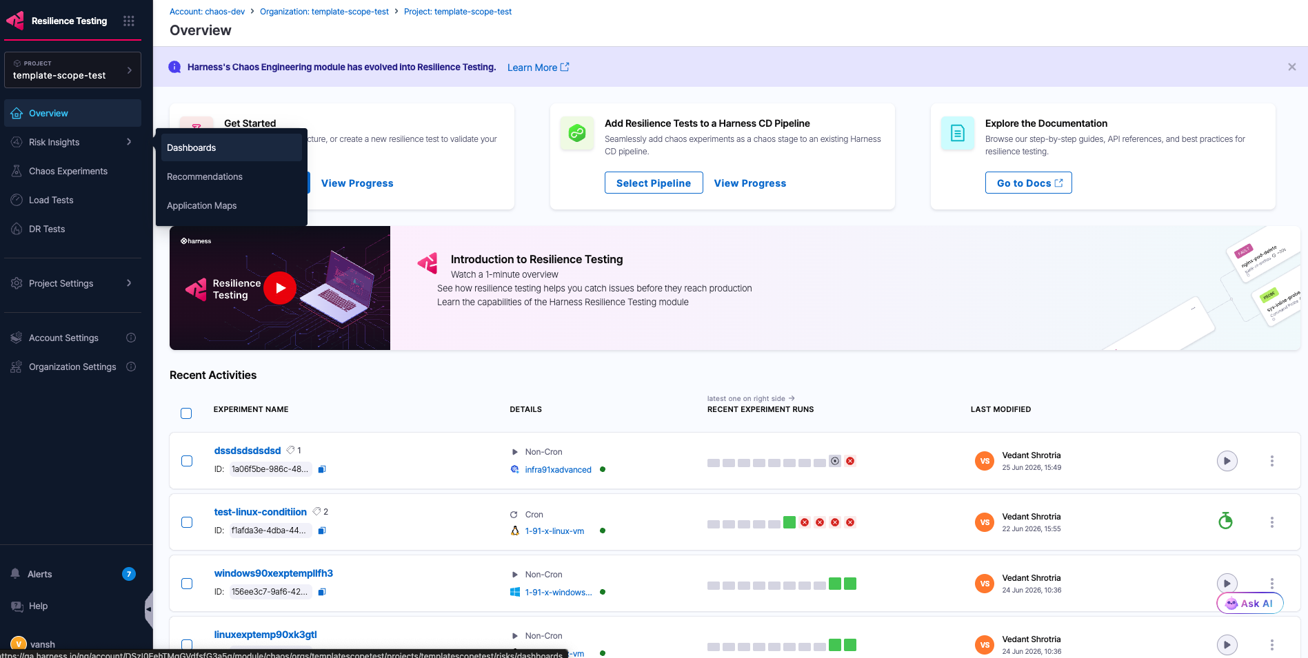 The Dashboards page under Insights in the RT module