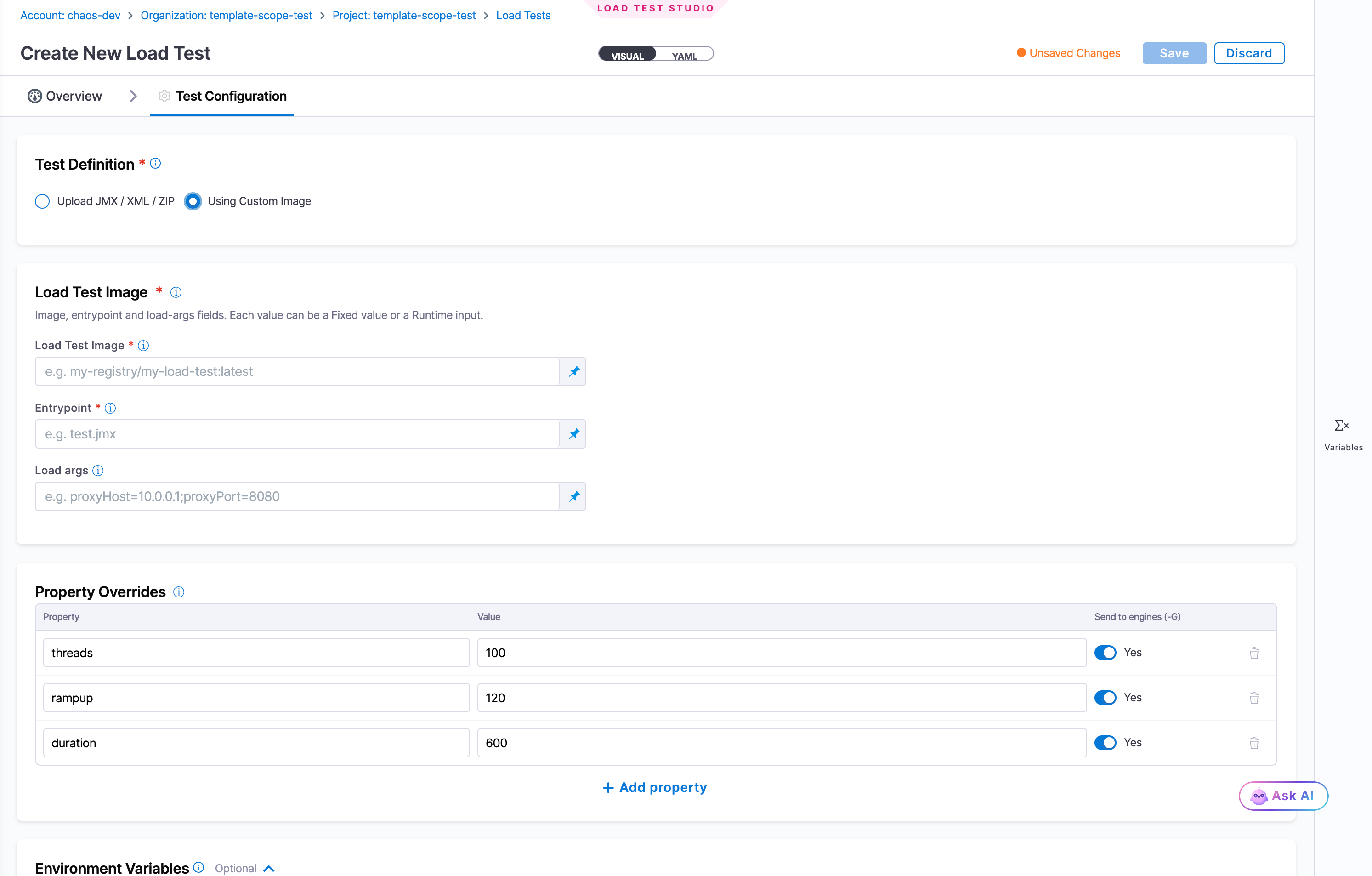 The Test Configuration tab with Using Custom Image selected, showing the Load Test Image, Entrypoint, and Load args fields alongside the Property Overrides table