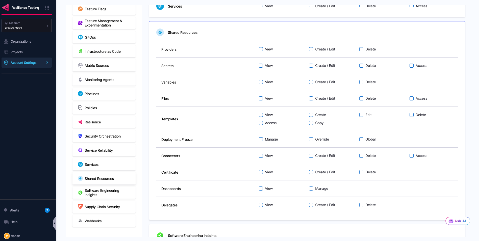 The Shared Resources dashboard permissions, showing View and Manage